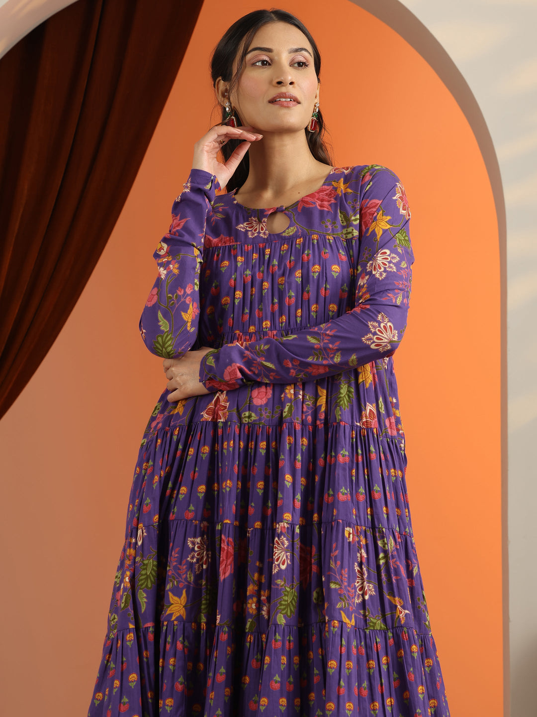 Purple Printed Cotton Anarkali Suit Set With Dupatta