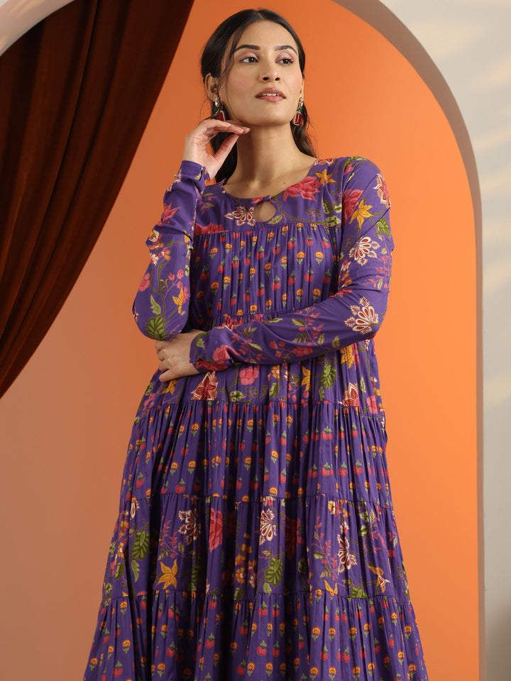 Purple Printed Cotton Anarkali Suit Set With Dupatta