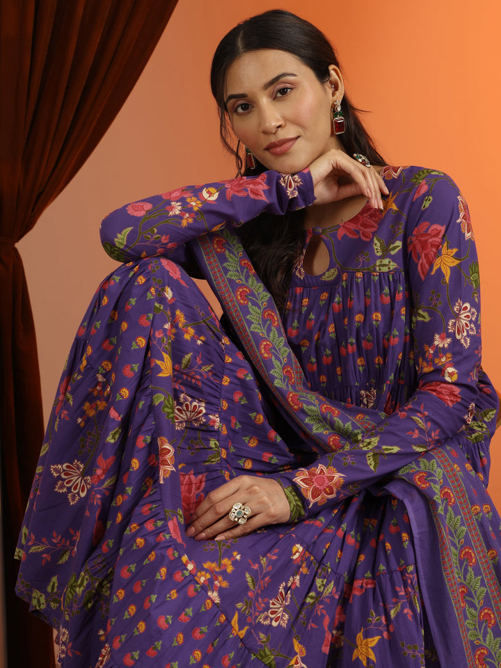 Purple Printed Cotton Anarkali Suit Set With Dupatta