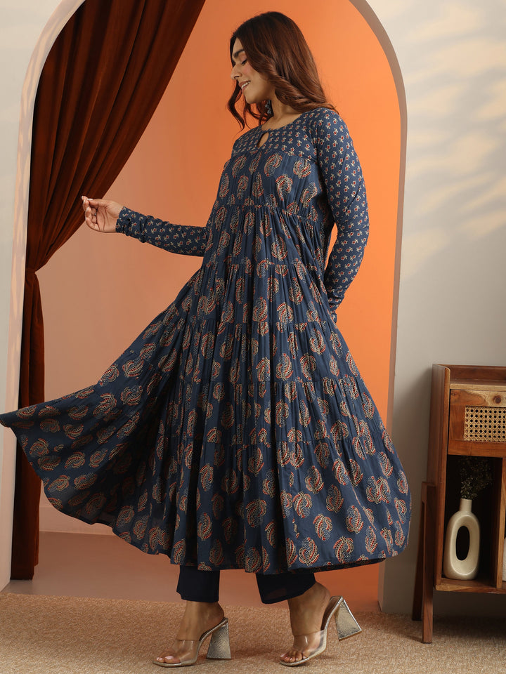 Blue Printed Cotton Anarkali Suit Set With Dupatta