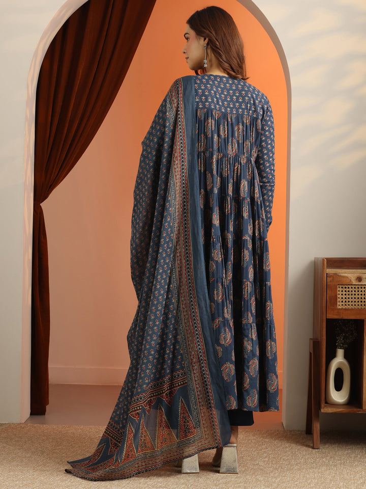 Blue Printed Cotton Anarkali Suit Set With Dupatta