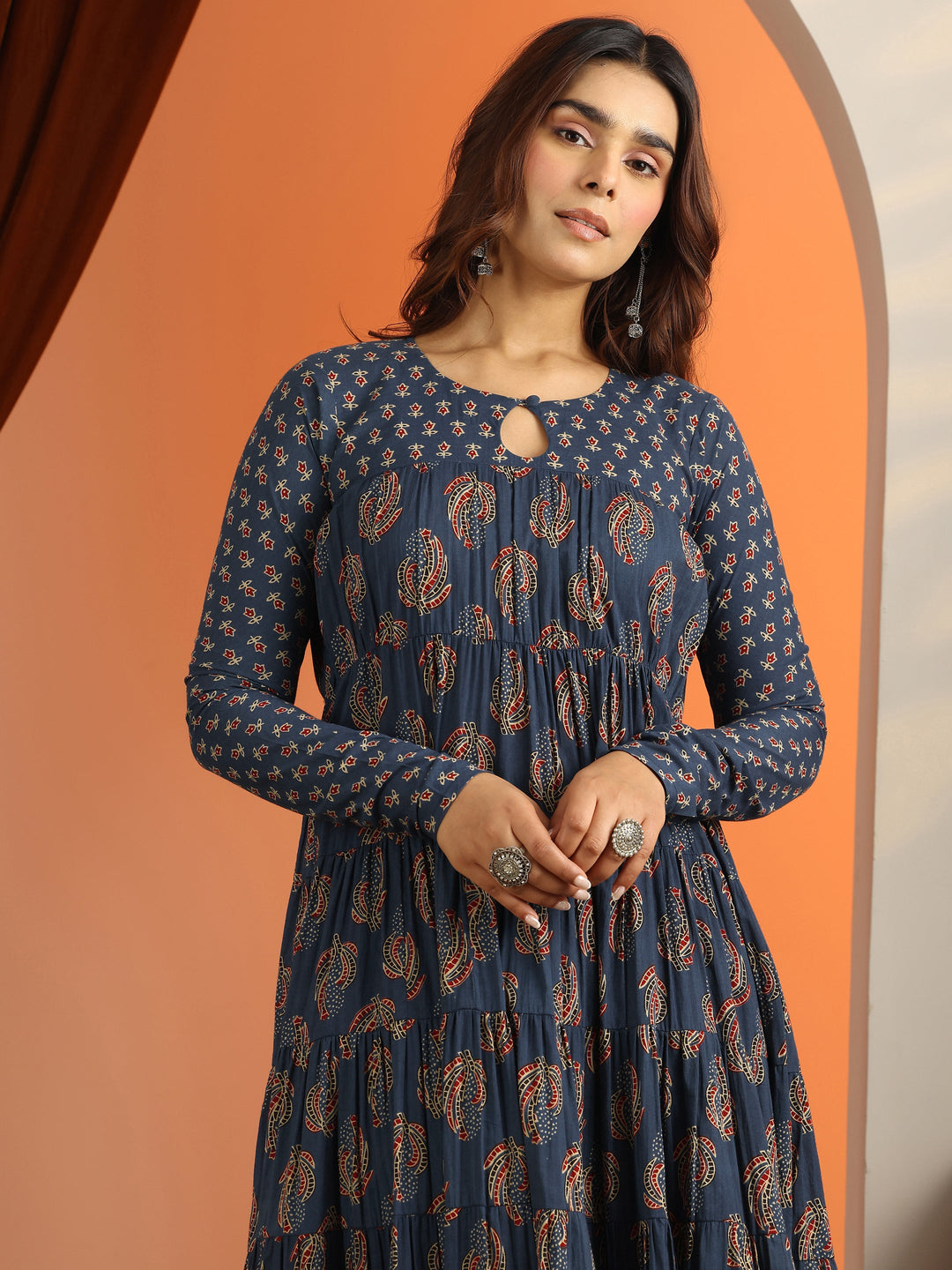 Blue Printed Cotton Anarkali Suit Set With Dupatta