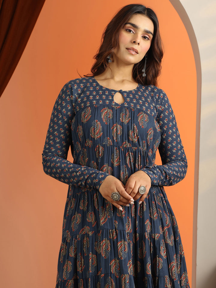 Blue Printed Cotton Anarkali Suit Set With Dupatta