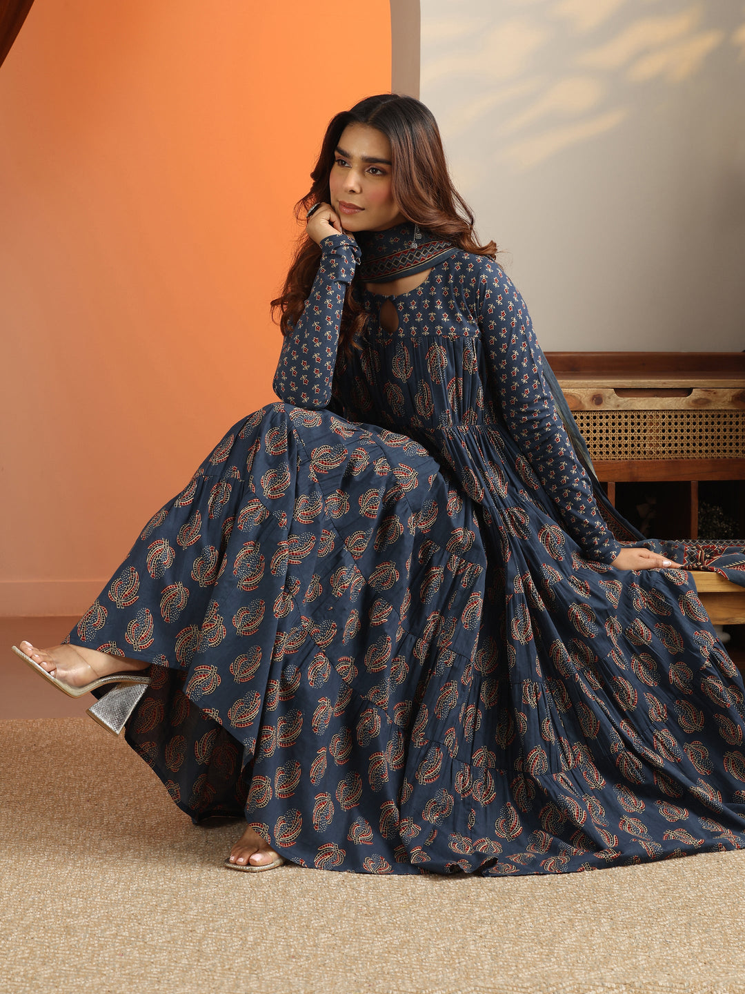 Blue Printed Cotton Anarkali Suit Set With Dupatta