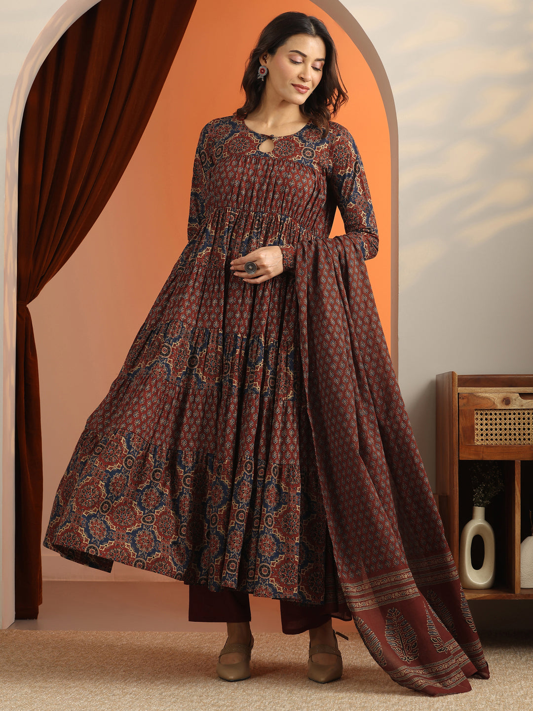 Rust Printed Cotton Anarkali Suit Set With Dupatta