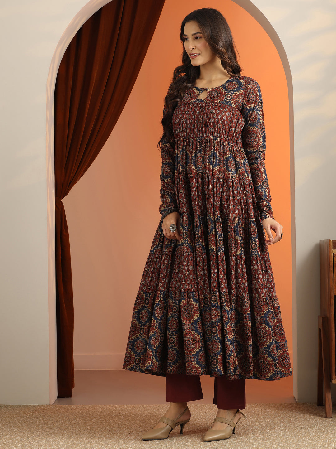 Rust Printed Cotton Anarkali Suit Set With Dupatta