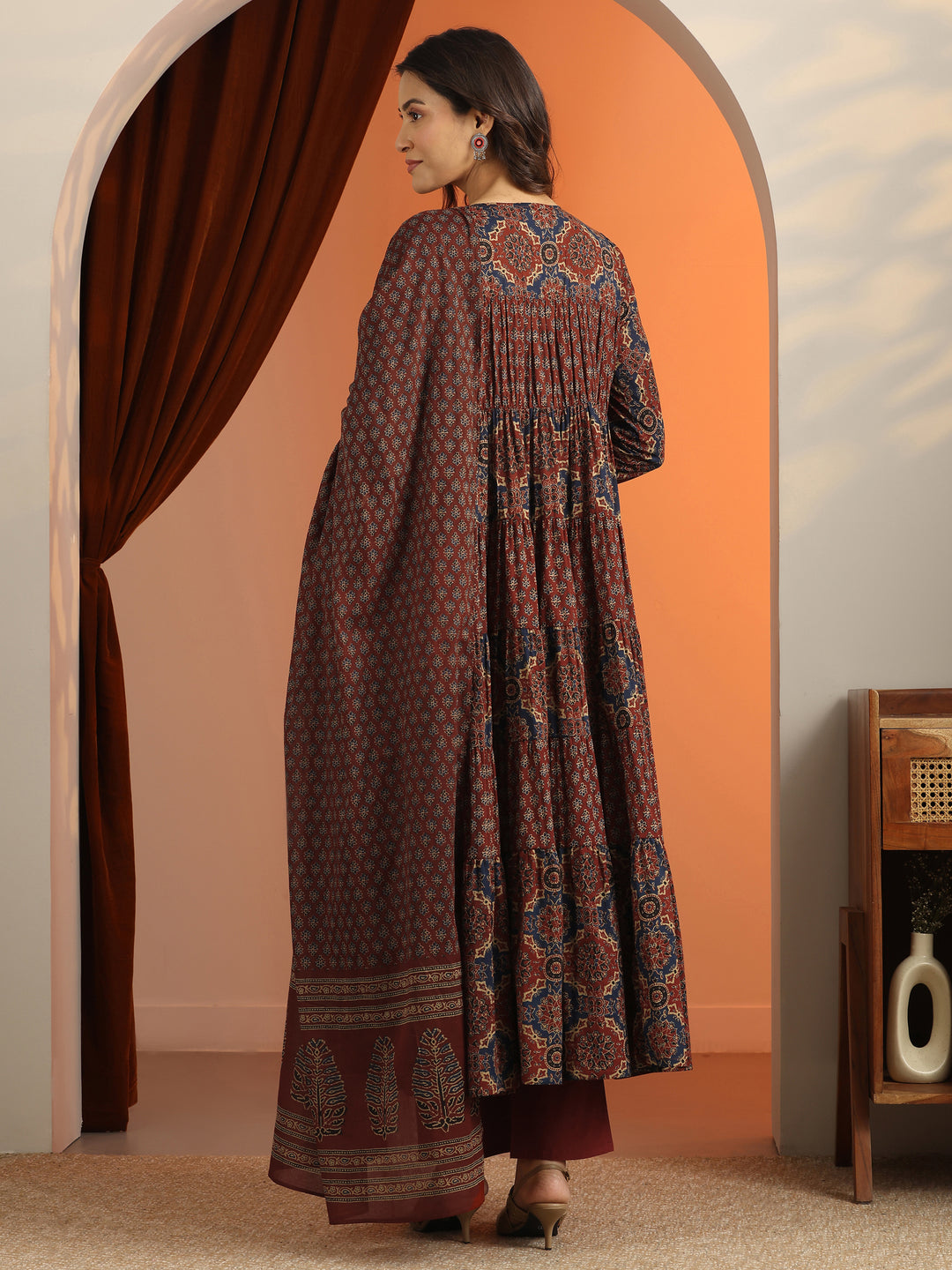Rust Printed Cotton Anarkali Suit Set With Dupatta