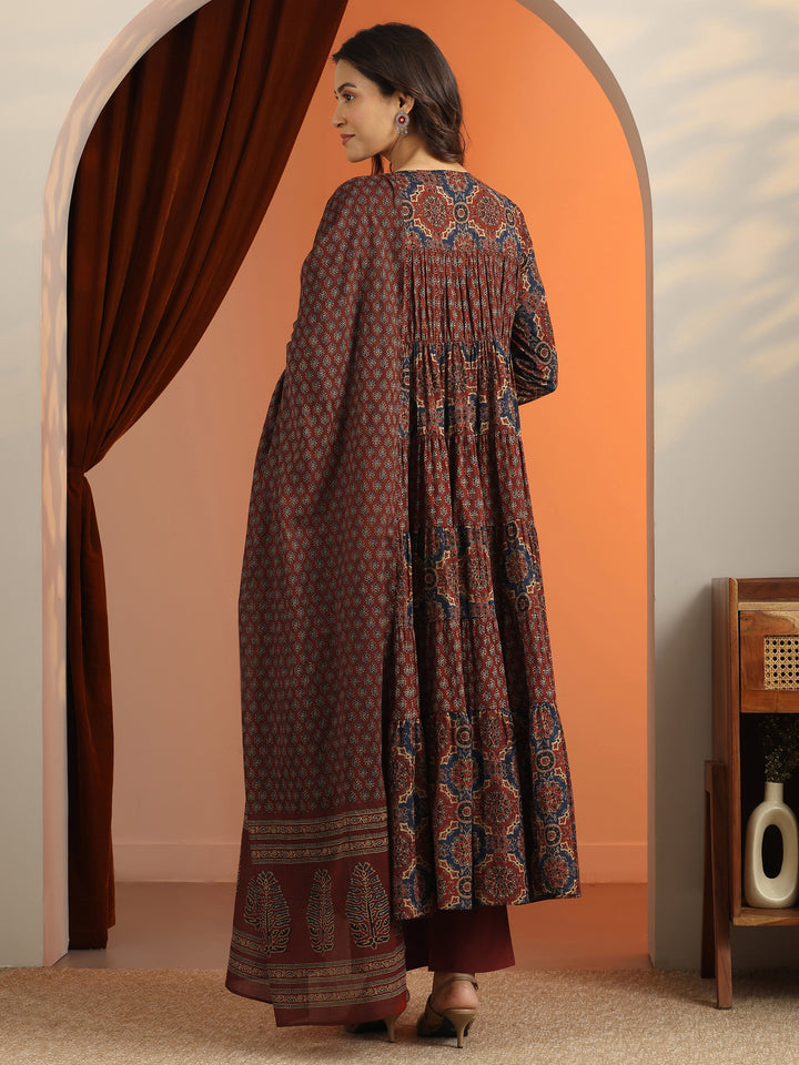 Rust Printed Cotton Anarkali Suit Set With Dupatta