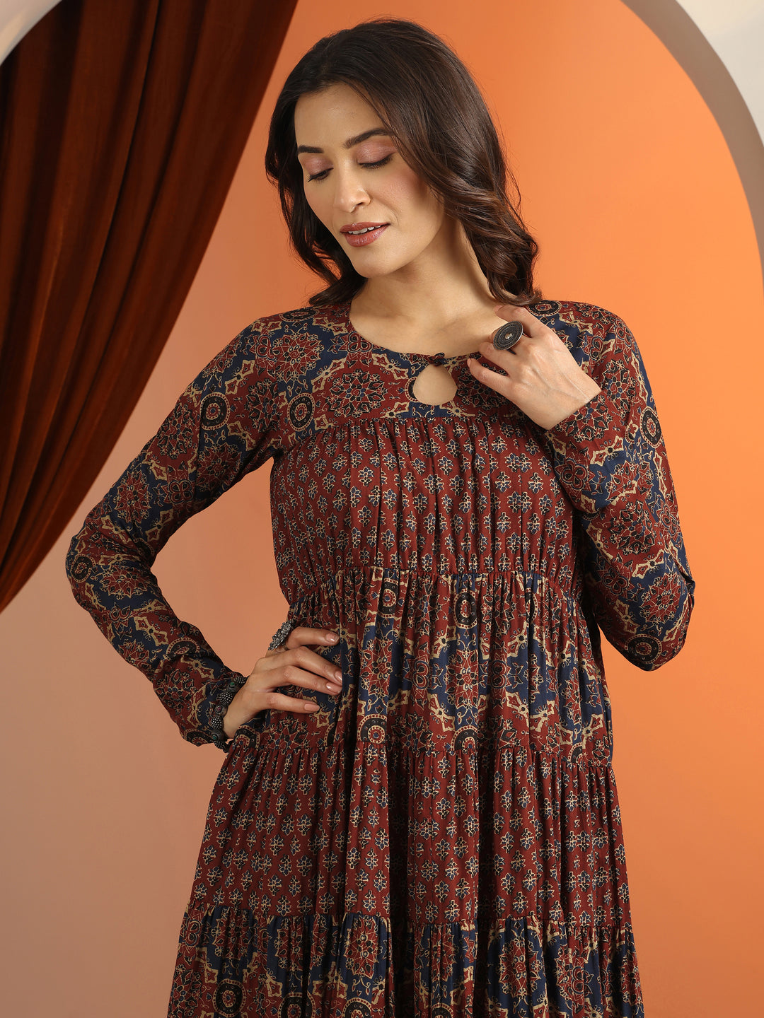 Rust Printed Cotton Anarkali Suit Set With Dupatta