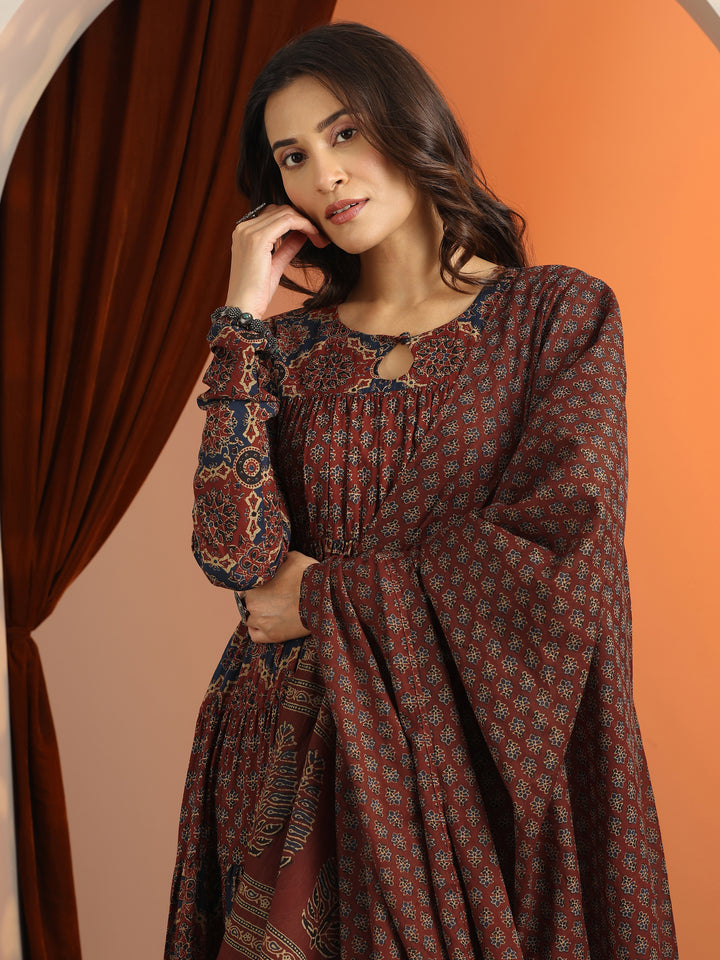 Rust Printed Cotton Anarkali Suit Set With Dupatta