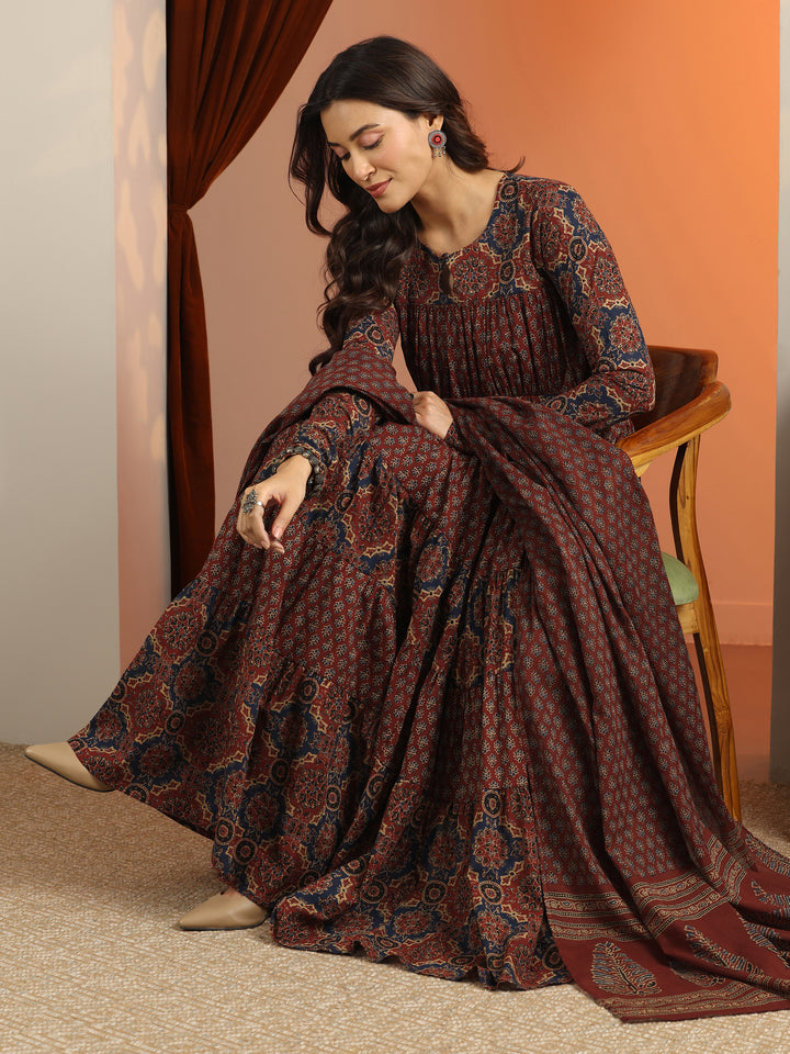 Rust Printed Cotton Anarkali Suit Set With Dupatta