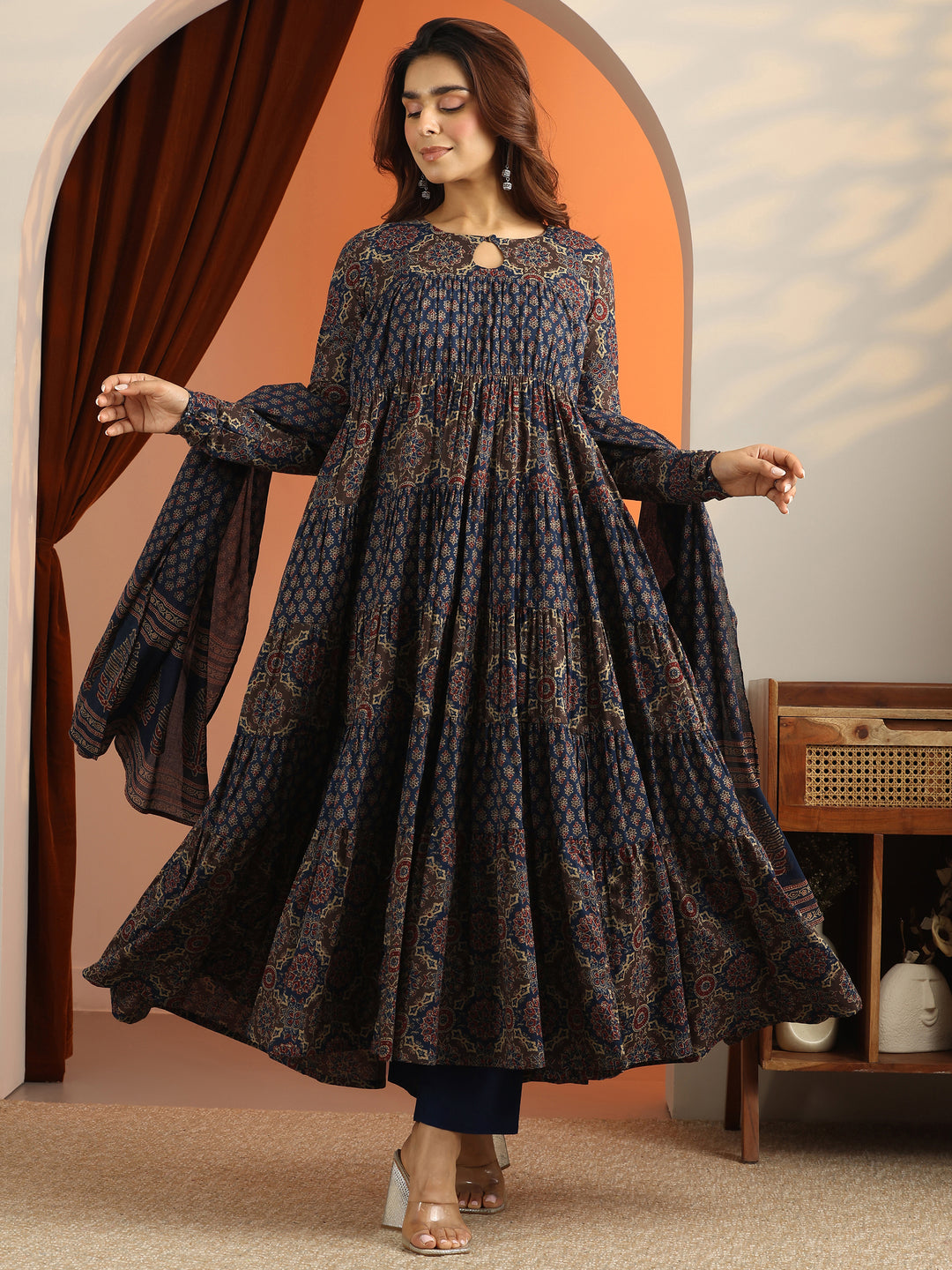 Blue Printed Cotton Anarkali Suit Set With Dupatta