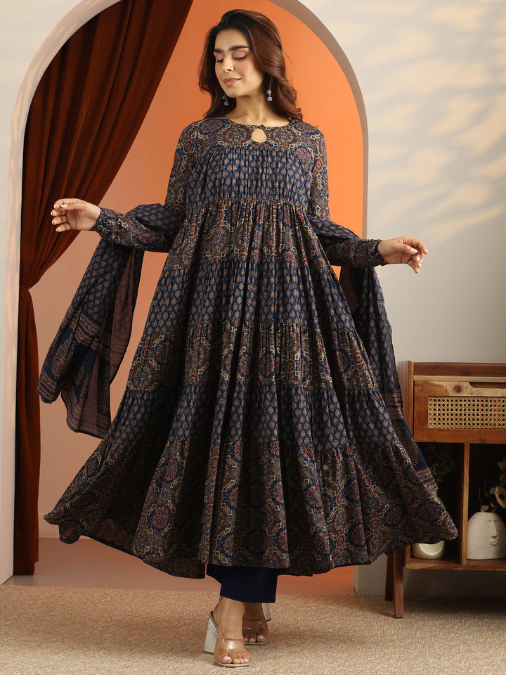Blue Printed Cotton Anarkali Suit Set With Dupatta