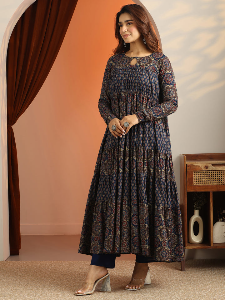 Blue Printed Cotton Anarkali Suit Set With Dupatta