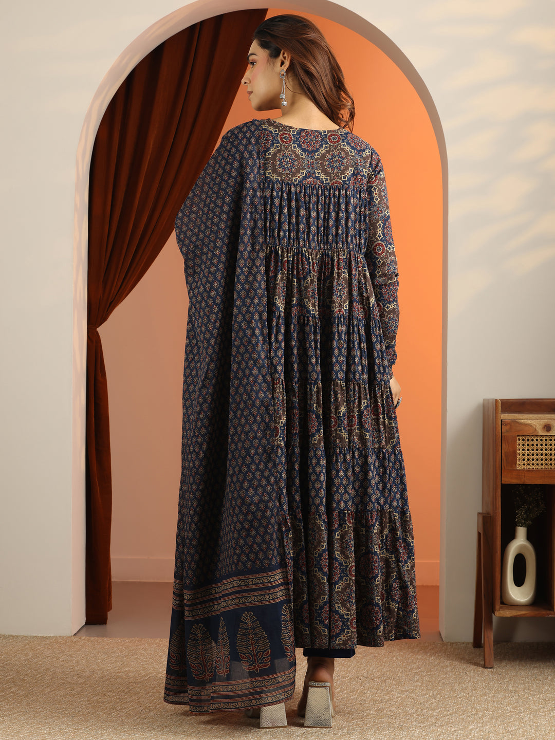 Blue Printed Cotton Anarkali Suit Set With Dupatta