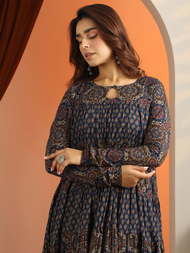 Blue Printed Cotton Anarkali Suit Set With Dupatta