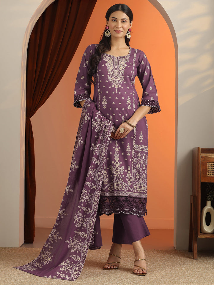 Mauve Printed Cotton Straight Suit Set With Dupatta