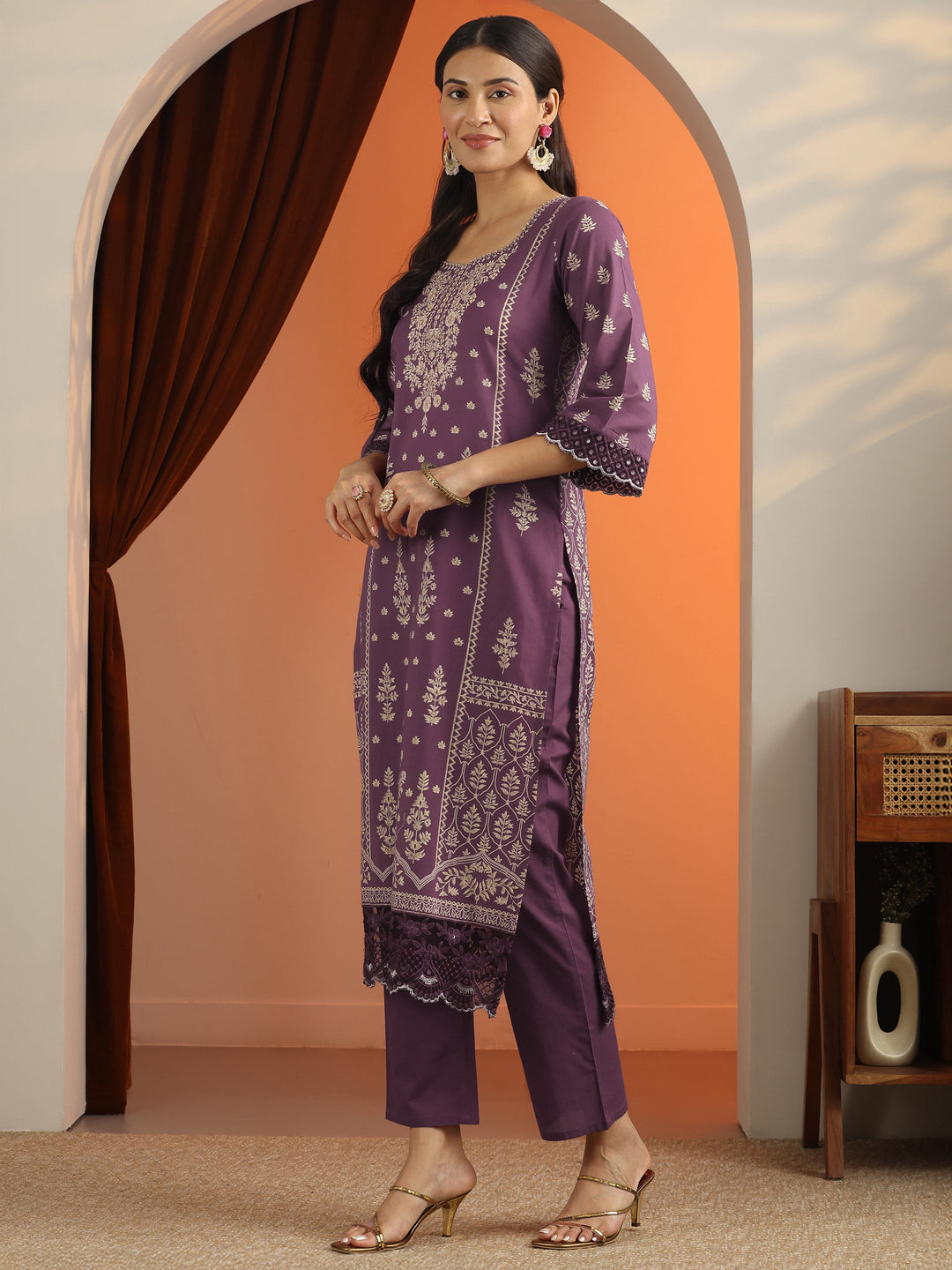 Mauve Printed Cotton Straight Suit Set With Dupatta