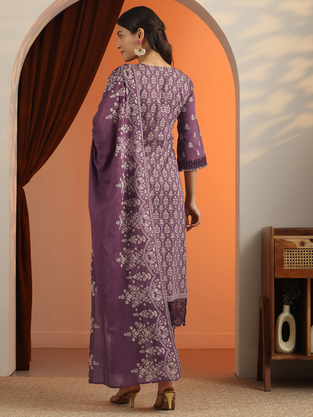 Mauve Printed Cotton Straight Suit Set With Dupatta