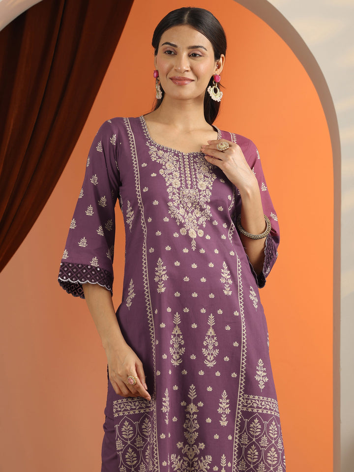 Mauve Printed Cotton Straight Suit Set With Dupatta