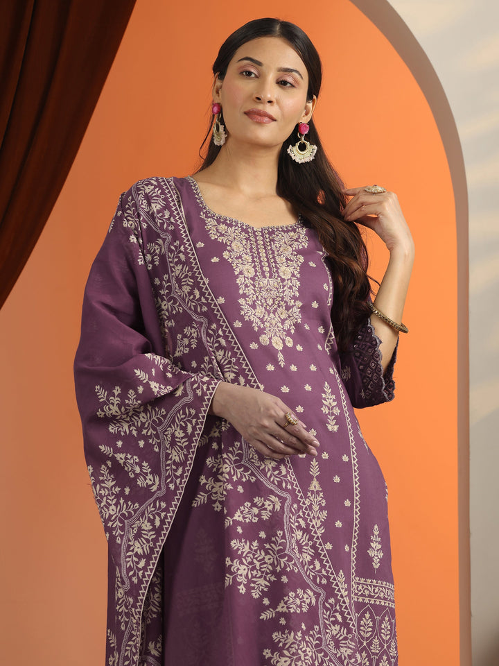 Mauve Printed Cotton Straight Suit Set With Dupatta