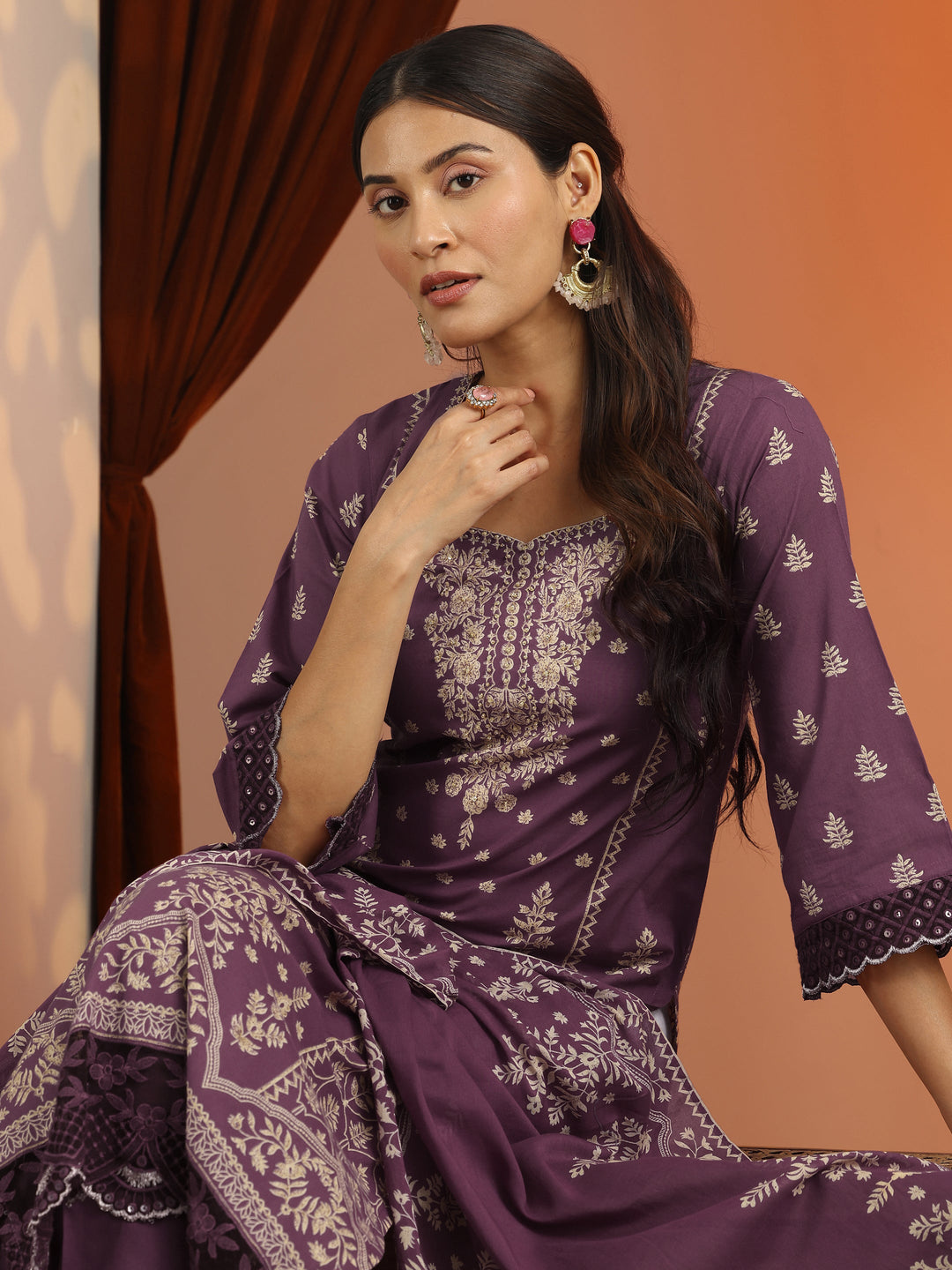 Mauve Printed Cotton Straight Suit Set With Dupatta