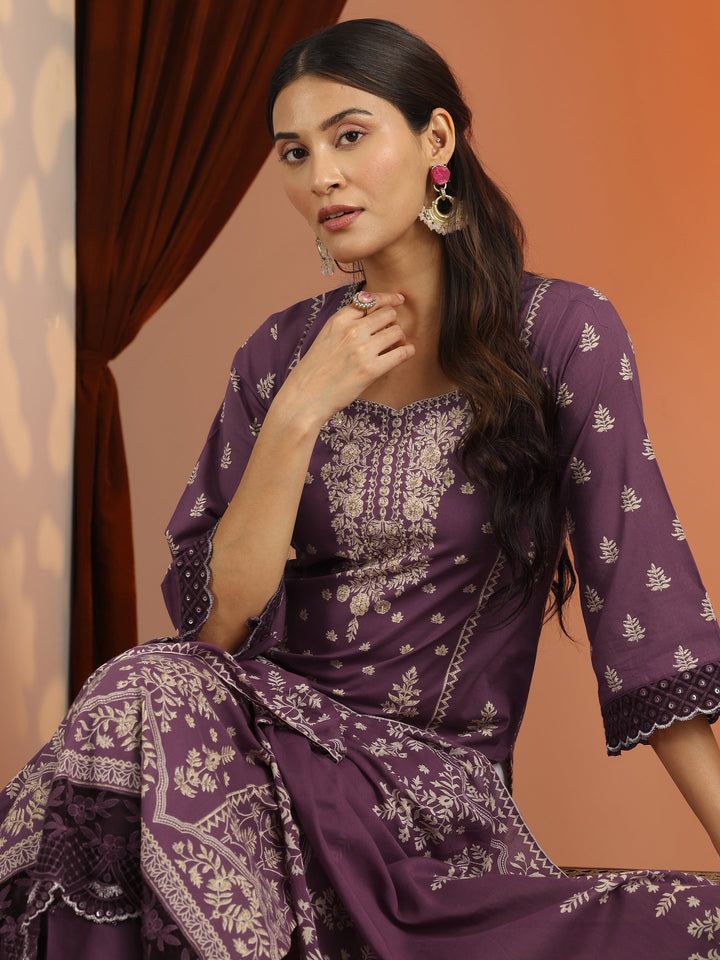 Mauve Printed Cotton Straight Suit Set With Dupatta