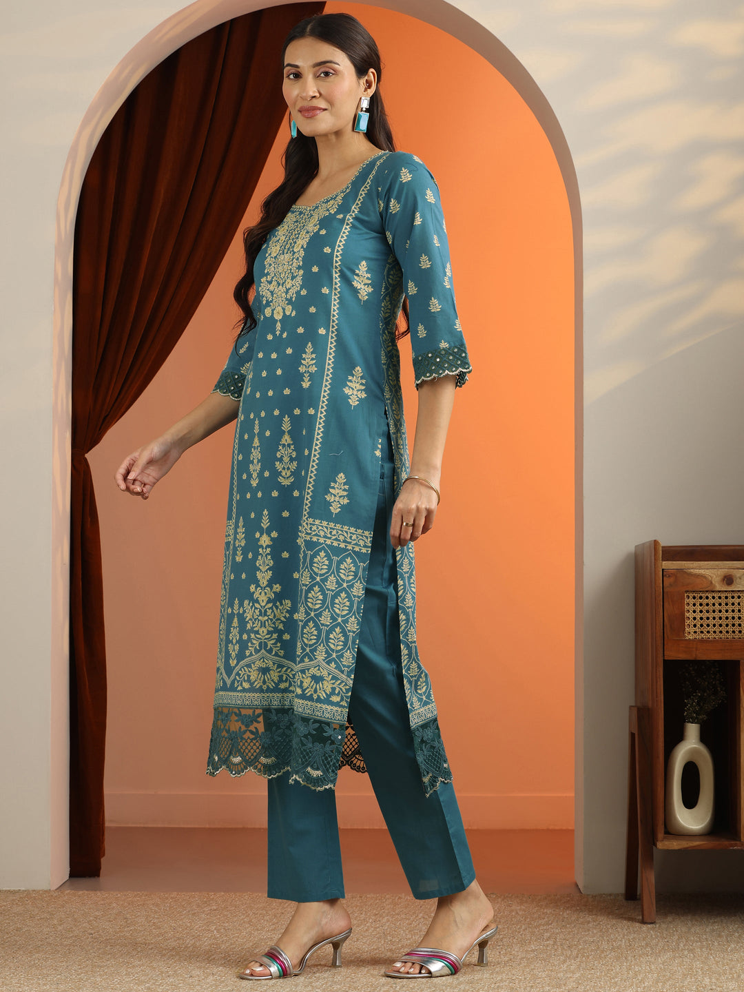 Blue Printed Cotton Straight Suit Set With Dupatta