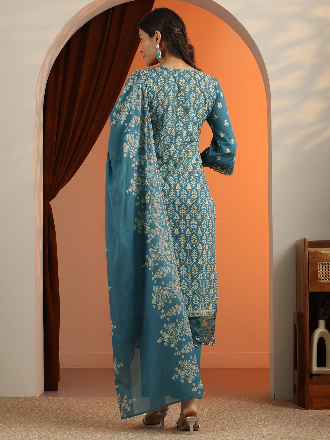 Blue Printed Cotton Straight Suit Set With Dupatta