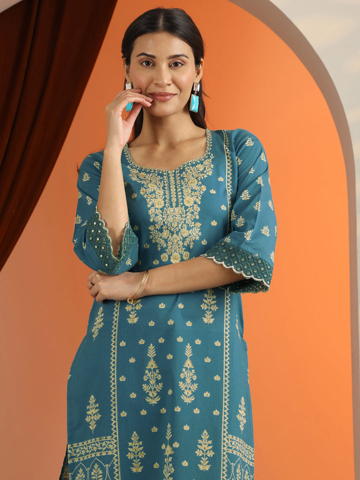 Blue Printed Cotton Straight Suit Set With Dupatta