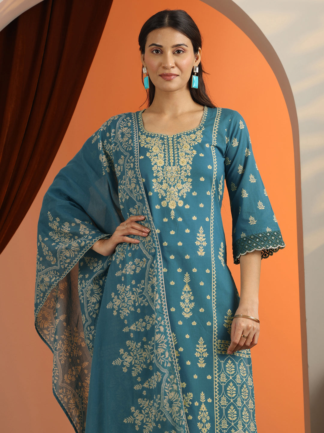 Blue Printed Cotton Straight Suit Set With Dupatta