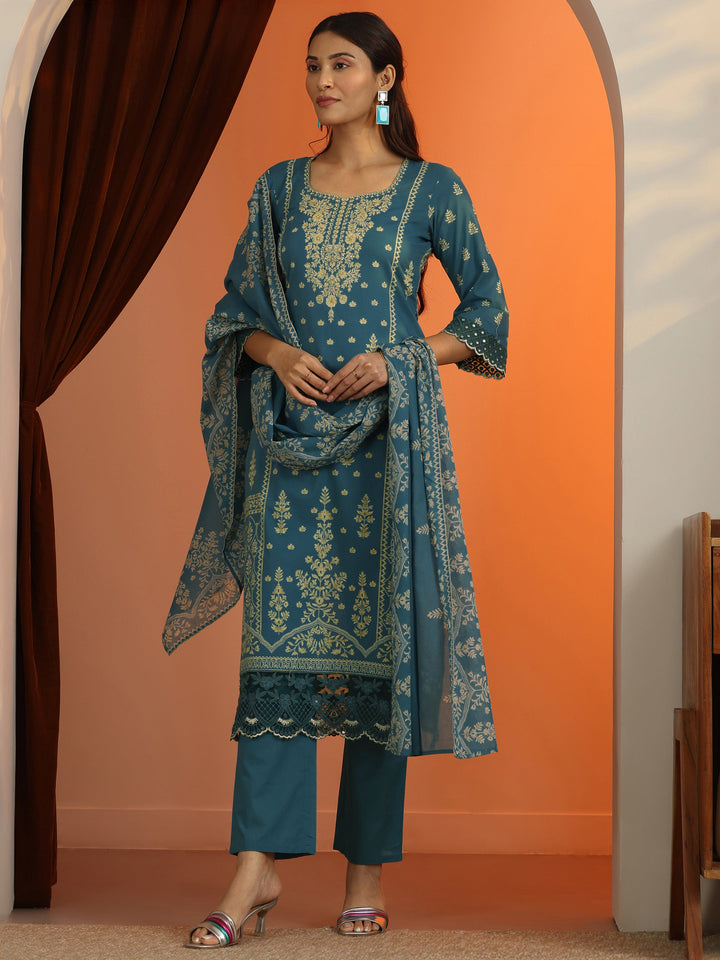 Blue Printed Cotton Straight Suit Set With Dupatta