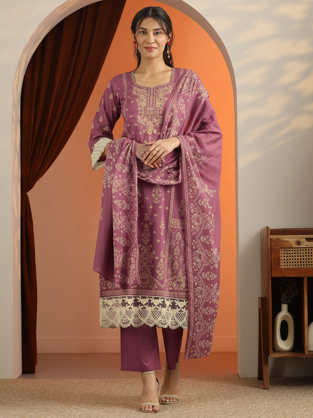 Mauve Printed Cotton Straight Suit Set With Dupatta