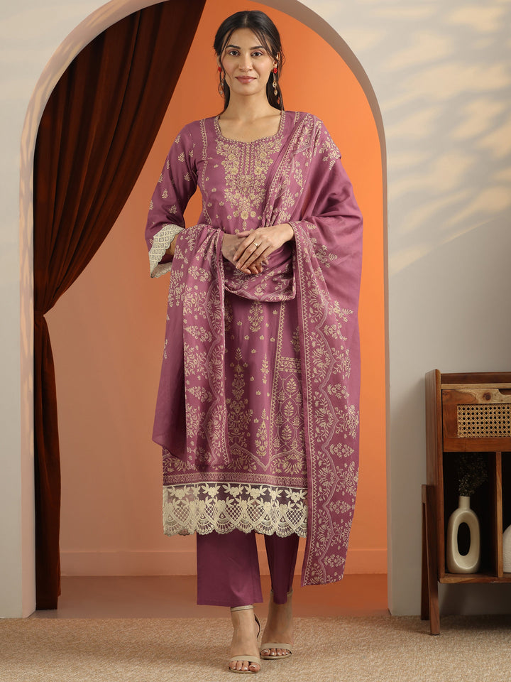 Mauve Printed Cotton Straight Suit Set With Dupatta