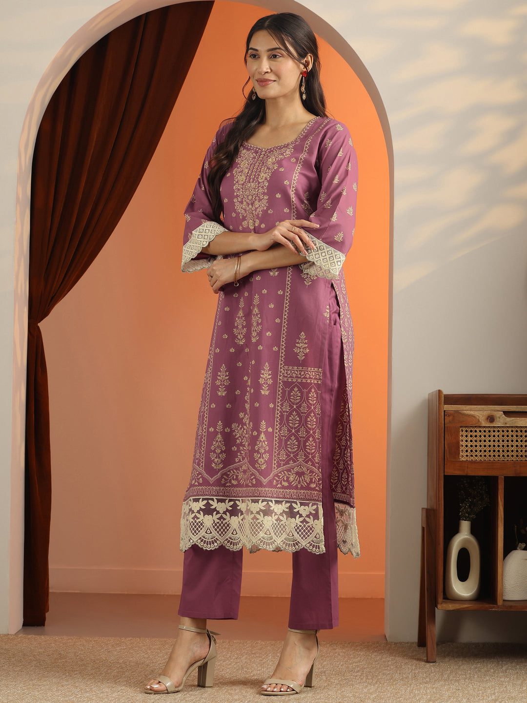 Mauve Printed Cotton Straight Suit Set With Dupatta