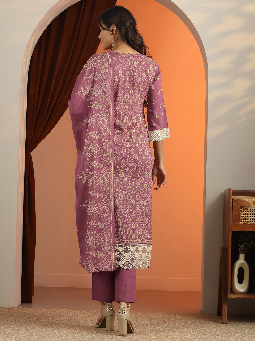 Mauve Printed Cotton Straight Suit Set With Dupatta
