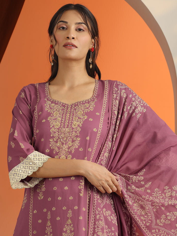 Mauve Printed Cotton Straight Suit Set With Dupatta