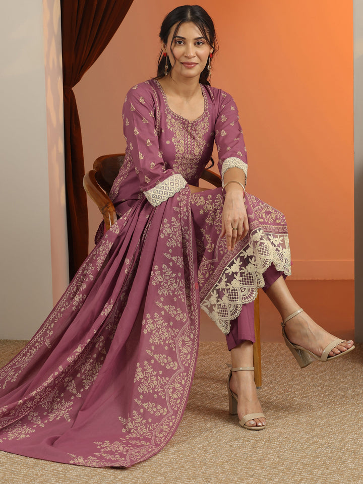 Mauve Printed Cotton Straight Suit Set With Dupatta