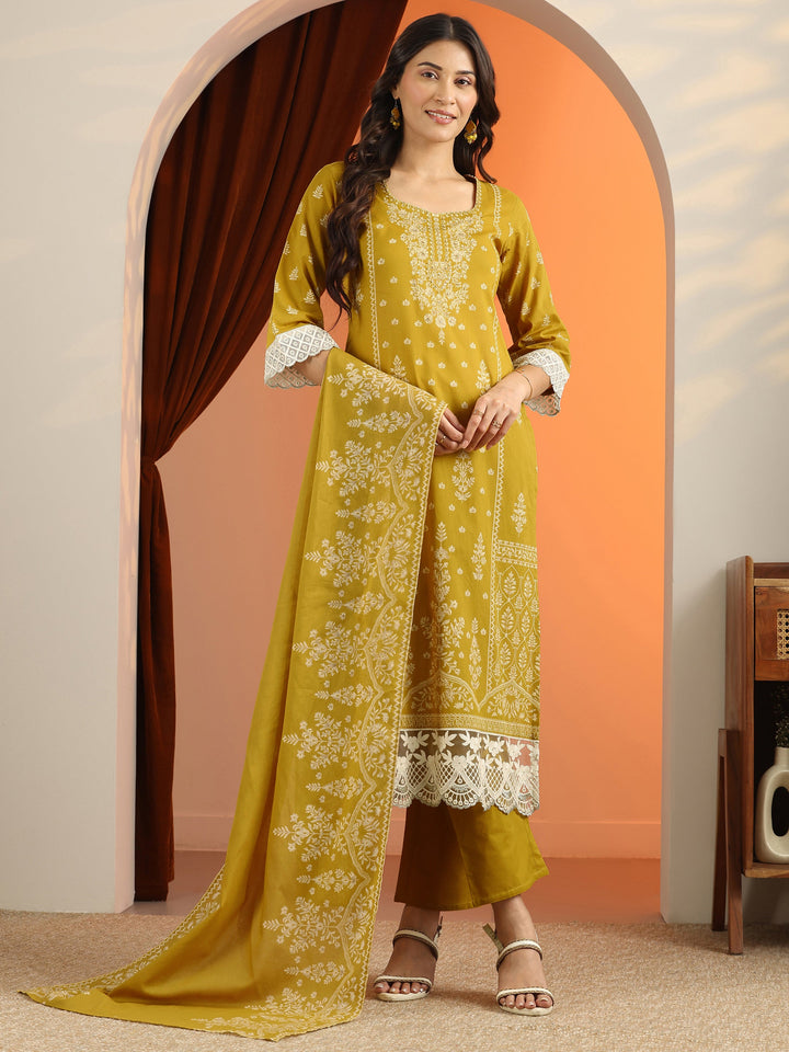 Mustard Printed Cotton Straight Suit Set With Dupatta
