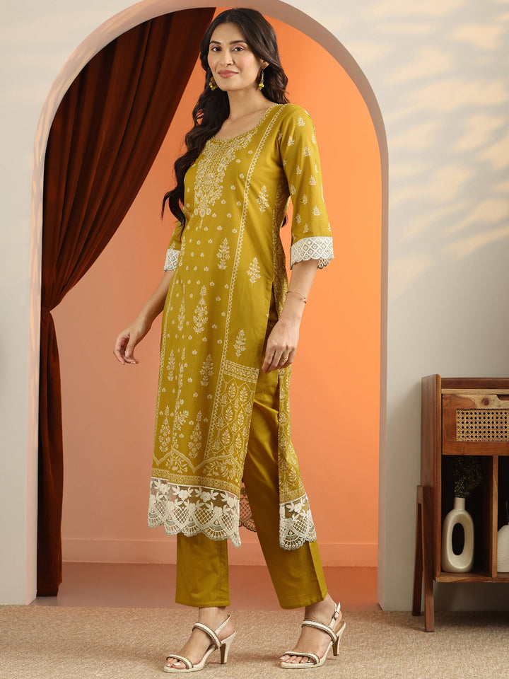 Mustard Printed Cotton Straight Suit Set With Dupatta