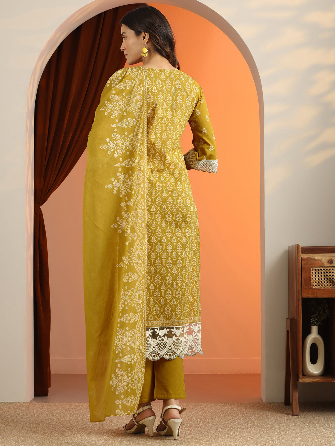 Mustard Printed Cotton Straight Suit Set With Dupatta