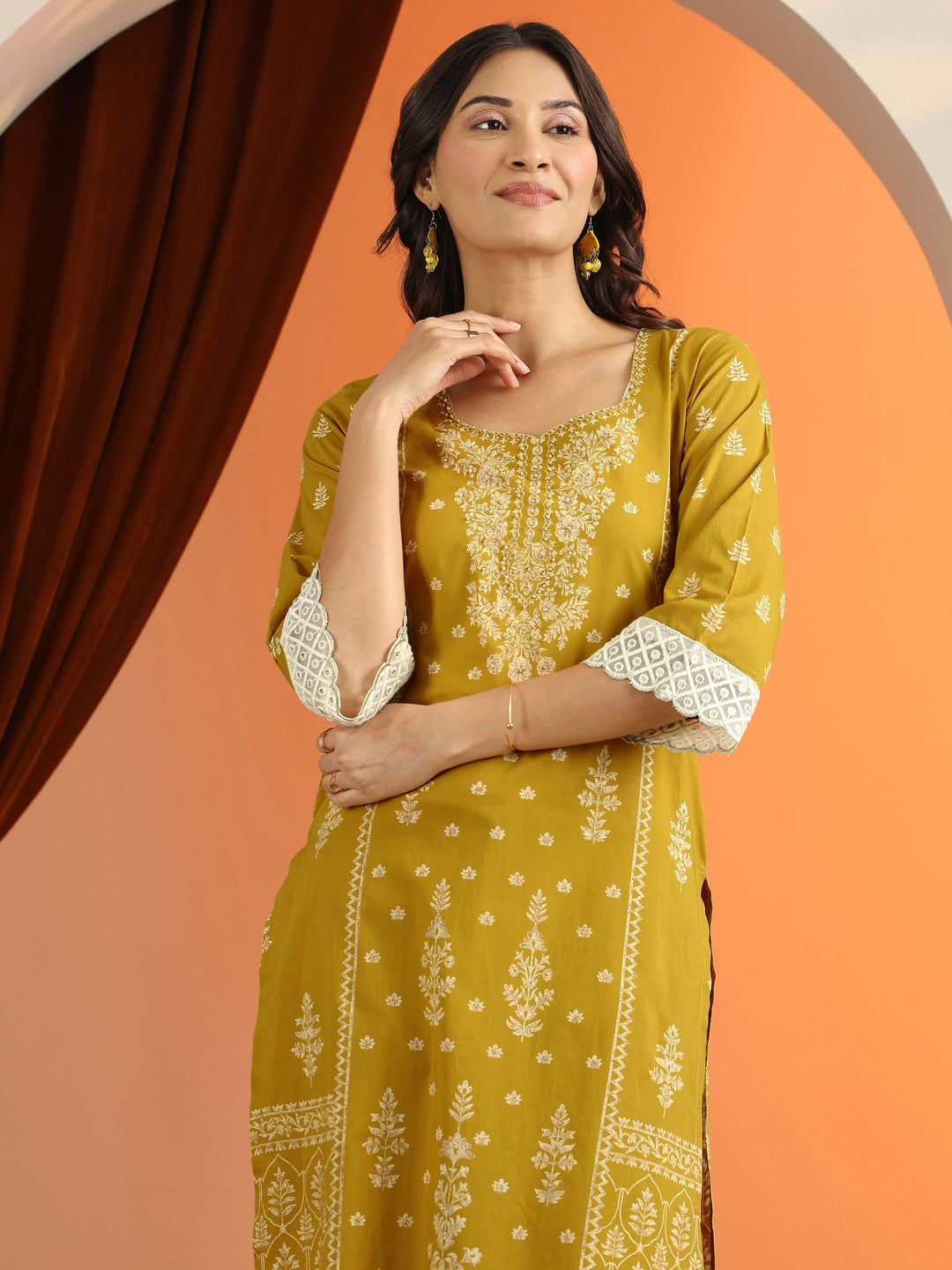Mustard Printed Cotton Straight Suit Set With Dupatta