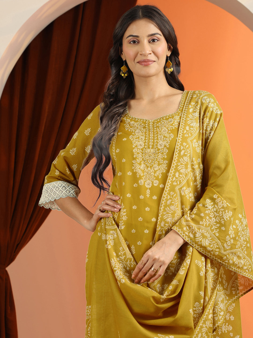 Mustard Printed Cotton Straight Suit Set With Dupatta
