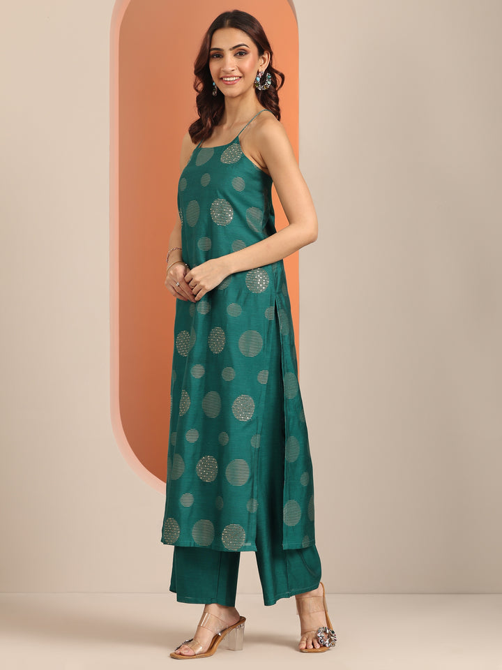 Green Woven Design Silk Blend Straight Kurta Set