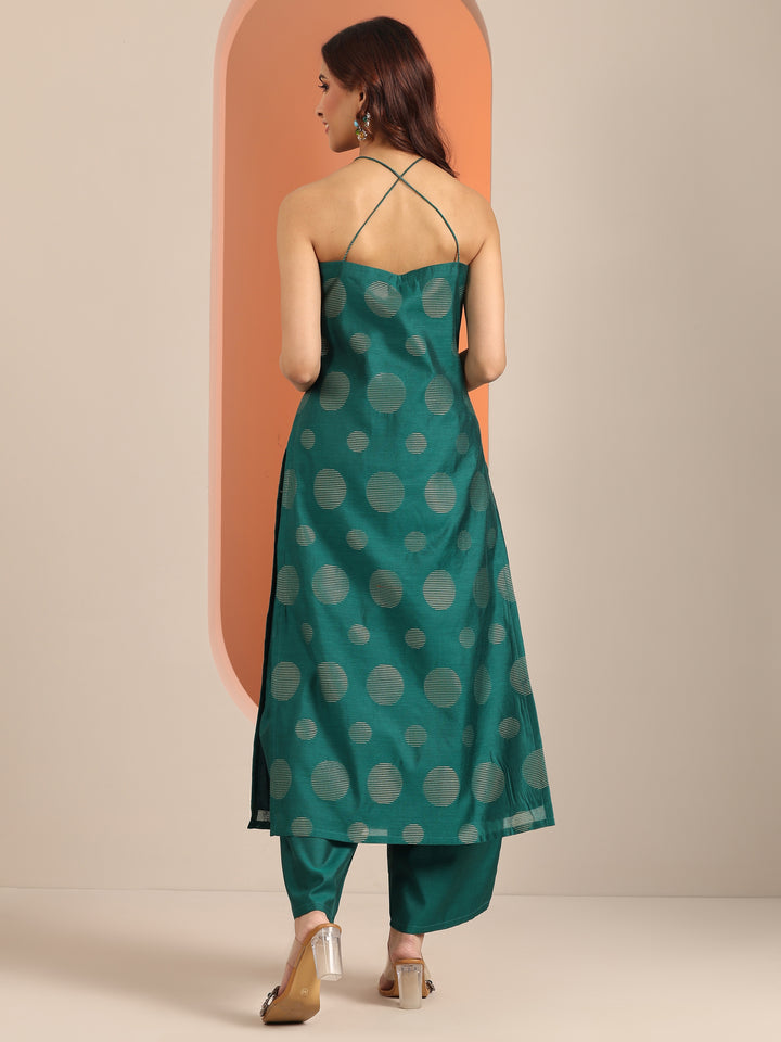 Green Woven Design Silk Blend Straight Kurta Set