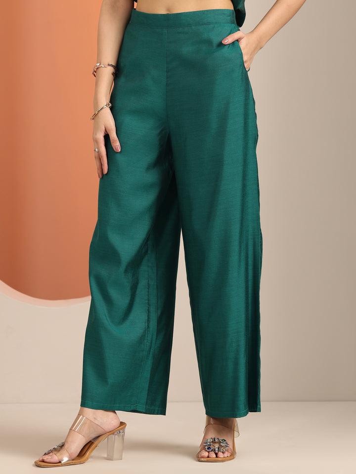 Green Woven Design Silk Blend Straight Kurta Set