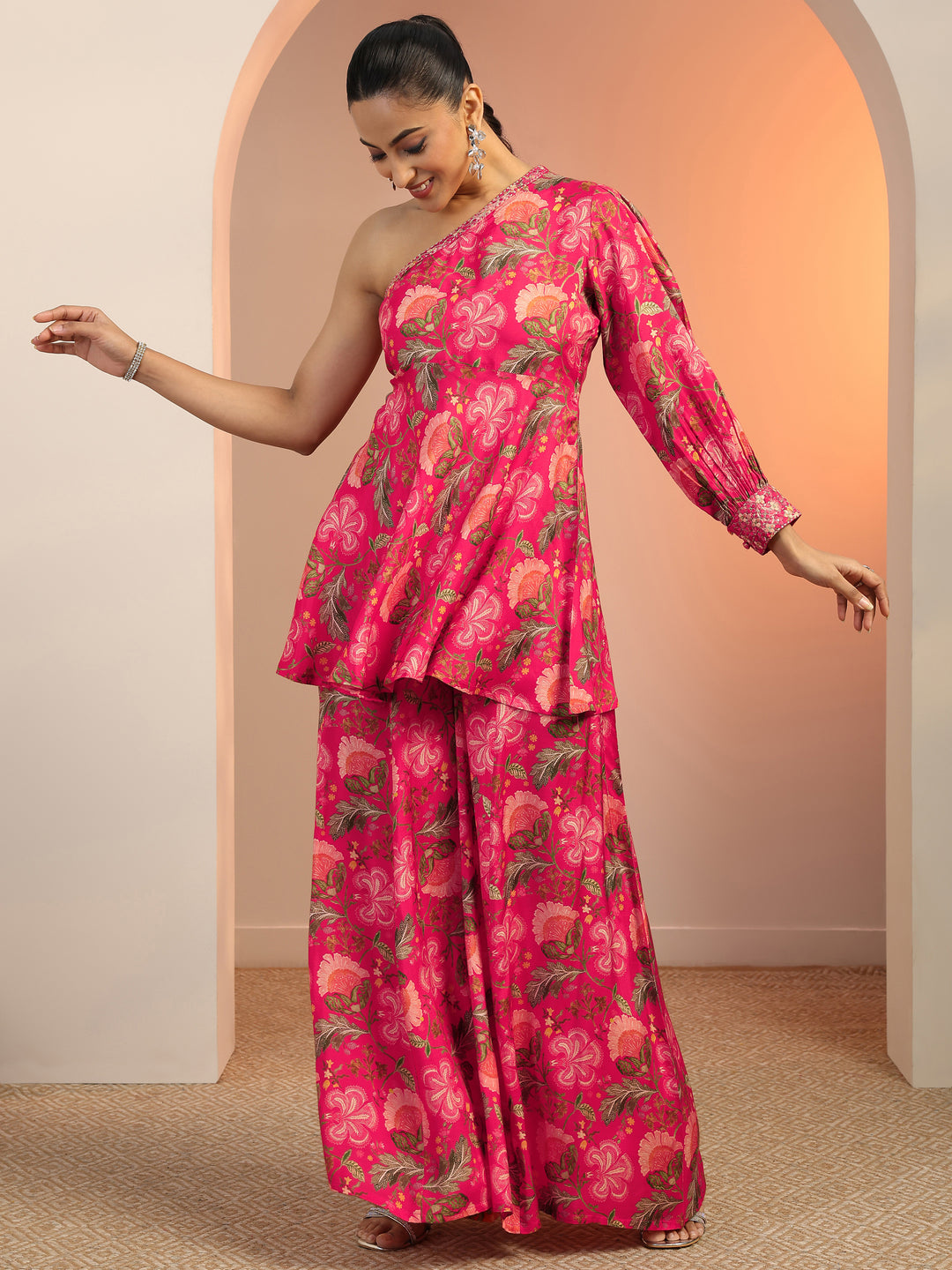 Pink Printed Silk Blend Co-Ord Sets