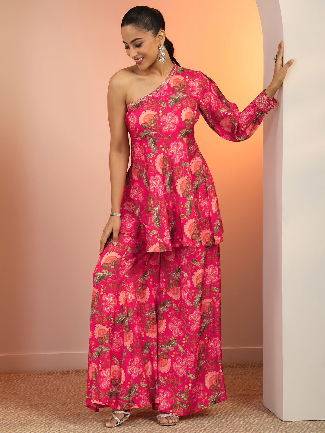 Pink Printed Silk Blend Co-Ord Sets