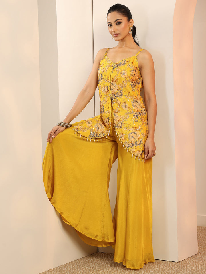 Yellow Printed Silk blend Straight Kurta Set