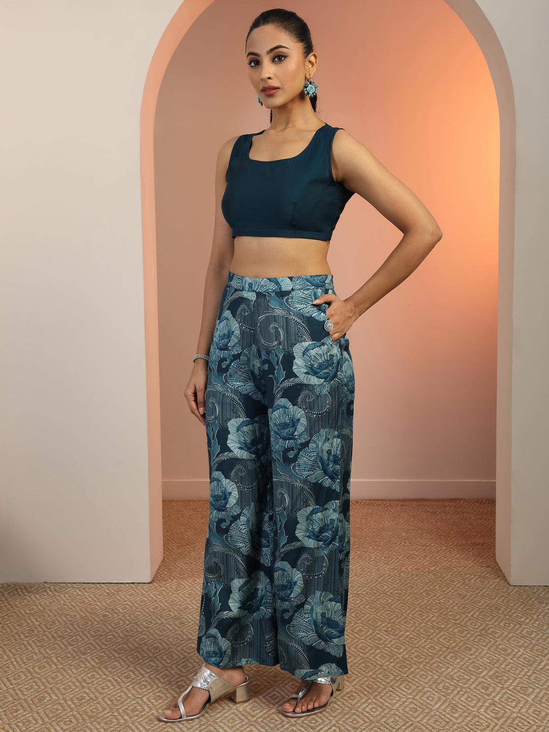 Teal Solid Silk Blend Co-Ord Sets